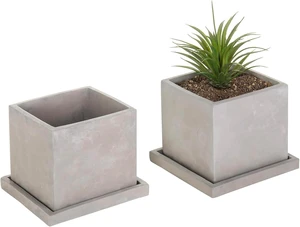 MyGift 5-Inch Square Gray Cement Plant Pot with Drainage, Small Flower Succulent Planters with Removable Saucer Trays, Set of 2