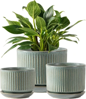 Ceramic Plant Pots Set of 3, 4.3+5.5+6.8 Inch Indoor Outdoor Planters with Drainage Hole and Saucer, Ceramic Flower Pots for Indoor Plants, Home, Garden, Patio and Office, Matte Green