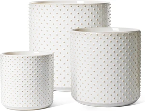 LE TAUCI 10+8+6 Inch Ceramic Pots for Plants, Indoor Planters with Drainage Hole and Plug, Raised Dots Cylinder Flower Pots Set of 3 for Living Room and Bedroom, Glossy, Arctic White LE TAUCI 10+8+6 Inch Ceramic Pots for Plants, Indoor Planters with Drainage Hole and Plug, Raised Dots Cylinder Flower Pots Set of 3 for Living Room and Bedroom, Glossy, Arctic White