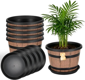 Whiskey Barrel Planters 12 Inch, 5 Pack Plastic Pots with Wood Design