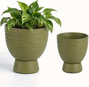 Green Terracotta Self Watering Plant Pots, 6 and 8 Inch with Saucers