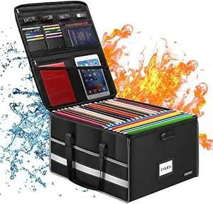 ENGPOW Fireproof Document Box with Lock, File Storage Organizer Box with Inserts Mesh Pockets, Collapsible Portable Large Filing Cabinet Safe for Hanging Both Letter and Legal Folders(19x16x11)