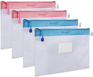 Zipper File Bag, Wisdompro 4 Pack A4 Size Paper Document Storage File Zipper Pouches Holder with Label Pocket Organizer for Office Documents, Business Receipts, Magazines - Pink Blue