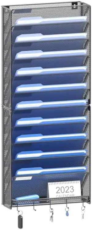OUTWOLF Hanging Wall File Organizer with Hooks, 12 Tier Vertical Wall Mount File Holder, File Folder Wall Organizer for Office