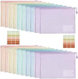 Mutsitaz Mesh Zipper Pouch Zipper Bags 20 Pcs, 5 Colors Puzzle Bag for Organizing Storage, Letter Size, A4 Size, Zipper File Bags for Organizing School Supplies, Office Appliances, Home and Travel