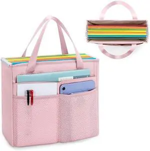 Prokva File Folder Tote Bag with Handle, Portable Document Organizer Box for Letter Size File Folder, Folding File Case for Home Office, Travel, Pink, Empty Bag, Patent Design