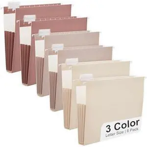 Y YOMA 6 Pack Extra Capacity Hanging File Folders Letter Size Accordion Decorative Reinforced File Folder Cute Colored Expandable Folder for Office Home with 1/5-Cut Adjustable Tabs, Mocha Color