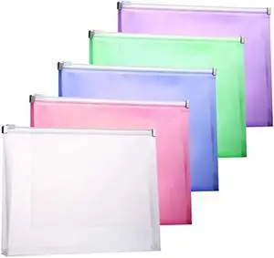 YoeeJob Plastic Envelopes, 5PCS Legal Size Poly Zip Envelope with Zipper, Expanding Plastic Zip Envelopes for Home Office School Multi-Color