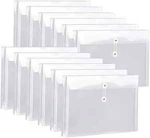 FANWU Plastic Legal Size Expandable Envelopes with String Tie Closure, 1-1/4 Expansion, Side Load, Clear File Folders Poly Project Paper Documents Organizer for Office School Home 12 Pack