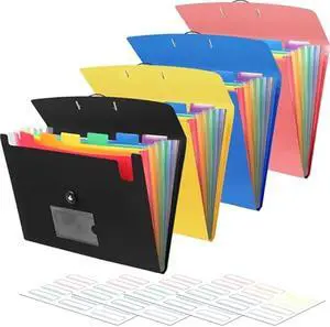 4 Pack Accordian File Organizer with Labels, 7 Pocket Expanding File Folder Plastic Expandable File Folder for Documents Letter Size A4 Papers