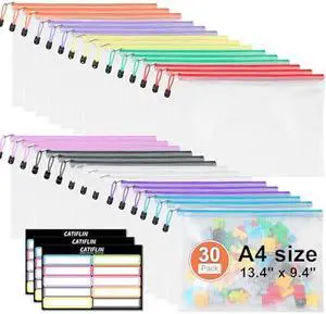 CATIFLIN 30 Pack Mesh Zipper Pouch Bags, A4 Letter Size, Clear Plastic Zip Bags for Board Game & Puzzle Storage, Waterproof & Durable Document Bags for Office, School, Travel, Art & Craft Supplies