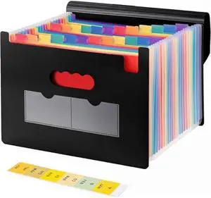 24 Pocket Accordion File Organizer, Document Organizer for Letter Size A4 Papers, Expanding File Folder with Month Labels, High Capacity - Black