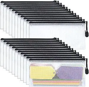 22 Pcs A6 Zipper File Bags, Mesh Zipper Pouch Document Bag Waterproof Mesh Pencil Pouch Plastic Zipper Pen File for Home School Office (Black)