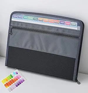NAFY Expanding File Folder, 13 Pockets Document Organizer with Zipper, A4 Letter Size Portable Accordion Expanding File Folders with 27pcs Multicolor Labels for Home Office School Supplies (Black)