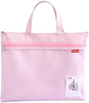 Pendancy Mesh Zipper Pouch 11x13.7 in, Large Double Pocket Waterproof File Bag with Handle, A4 Size Foldable Document Storage for Puzzle Project/Cross Stitch/Travel/OfficePink