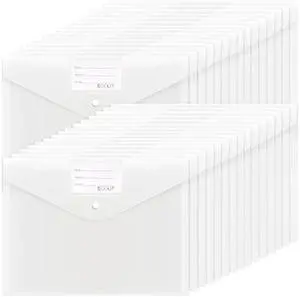 EOOUT 30pcs Plastic Envelopes, Clear Envelopes with Snap Closure, Document Folders Letter Size A4 Size File Envelopes with Label Pocket for School Home Work Office Organization