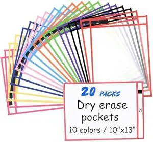 20 Pcs Reusable Dry Erase Pockets Sleeves, 13.6 X 10 Job Ticket Holders, Clear Dry Erase Sheet Protectors for Office School Classroom & More, 10 Colors