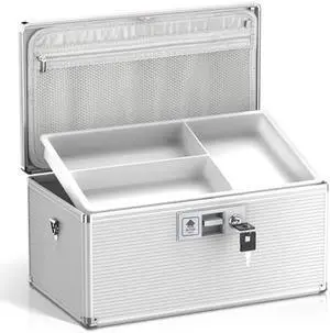 Medicine Lock Box with Key, Alluminum Alloy Box for Medication,First aid kit with a Removeable Tray to Store Medicines & Pills for Home, Silver, 16 * 9.25 * 7.48 Inch