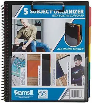Samsill 5 Subject Spiral School Organizer with Clipboard and Removable Notepad, All-in-One Folder, 5 Dividers with 10 Pockets, Multi-Pocket Folder and Document Holder, Black