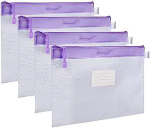 Zipper File Bag, Wisdompro 4 Pack A4 Size Paper Document Storage File Zipper Pouches Holder with Label Pocket Organizer for Office Documents, Business Receipts, User Manual- Purple