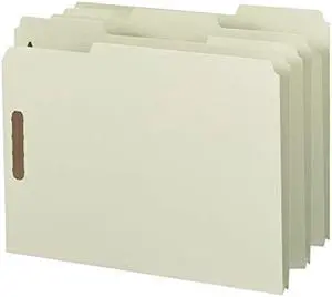 Smead Fastener Folder, 100 Percent Recycled, 1/3-Cut Tab, Pressboard, 2 Fasteners in Positions 1 and 3, 1-Inch Expansion, Letter Size, Gray/Green, 25 Per Box (15003)