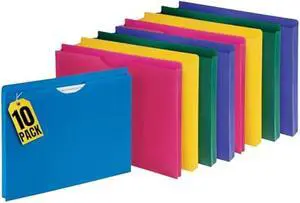 1InTheOffice Poly File Jacket File Folder, Letter 1 Expanding File Jacket, 10-Pack, Assorted