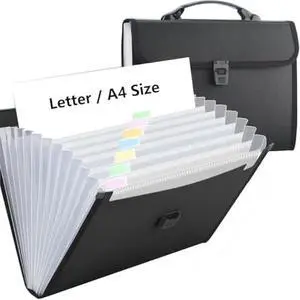12 Pockets Letter Size/A4 Accordion File Organizer with Handle, TRANBO Expanding File Folder, Portable Paper Organizer, Expandable Plastic Document Organizer for Travel School Office - Black