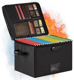 MUIFA Fireproof Document Box, Fireproof File Box with Lock, Collapsible File Storage Box with Zippers and Inserts Bag, Portable Home Office Safe Box for Letter/Legal Folder(Black)
