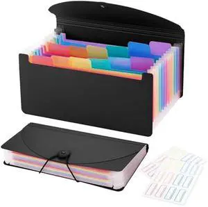 13 Pocket A6 Receipt Organizer, 2 Pack Small Accordion File Organizer, Expanding File Folder with Labels - Black