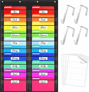 Storage Pocket Chart, Heavy Duty Wall File Organization Folder with 20 Clear File Pockets, 20 Blank Dry-Erase Name Stickers Plus 4 Over Door Hooks for Files, Classroom & Office (Black, 28.5 X 47)