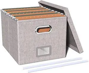 TORASO Linen File Box Organizer with Lid, Letter/Legal Size, File Folder Storage, Easy Slide Durable Hanging File Box for Office/Decor/Home(FG,Gray).CA