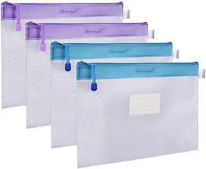 Zipper File Bag, Wisdompro 4 Pack A4 Size Paper Document Storage File Zipper Pouches Holder with Label Pocket Organizer for Office Documents, Business Receipts, User Manual - Purple Blue