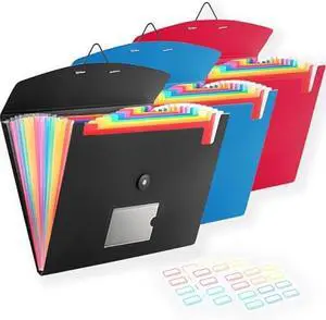 3 Pack Accordion File Organizer with Elastic Closure, 13 Pocket Expanding File Folder for Letter Size A4 Papers, Ideal for Home, Office Supplies, College Essentials