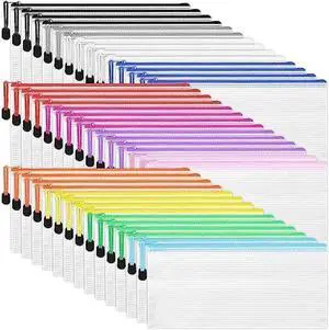 LABUK 42pcs Small Zipper Pouch, 9.5x4.3 Inches Mesh Zipper Pouches, 12 Colors Zipper Bags, Water Resistant Plastic Zip Bags for Bill Stationary, Office Supplies Storage and Classroom