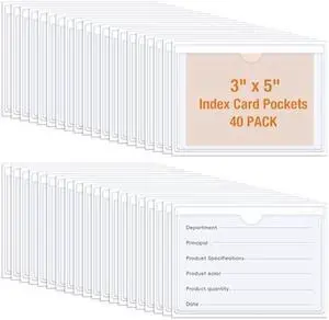 40 PCS Index Card Pockets, Self Adhesive Card Pockets 3x5 with Top Open, Clear Label Pockets for Storage Bins, Plastic Labels Holders for Organizing, Loading, Drawer,Library Card, Totes, Shelves