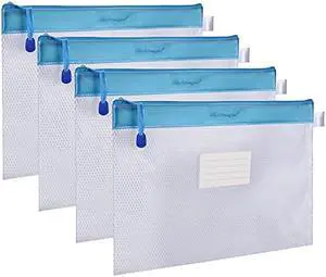 Zipper File Bag, Wisdompro 4 Pack A4 Size Paper Document Storage File Zipper Pouches Holder with Label Pocket Organizer for Office Documents, Business Receipts, User Manual, Magazines - Blue