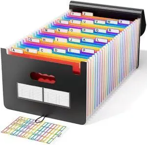 Accordian File Organizer, 26 Pockets Expanding File Folder with Cover/Accordion Receipt File Folder/Portable Filing Box A4 Letter Size Bill Document Paper Organizer with Colored Tab for School