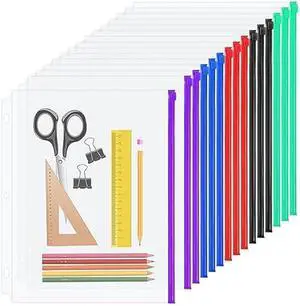 YoeeJob 3 Holes Clear PVC Zipper Binder Pocket Insert Pages Letter Size, 8 1/2x 11 Loose Leaf Binder Filing Storage Bags 15 Packs (5 Color)