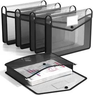 Umriox Plastic File Folders, 5 Pack A4 Poly Envelope Expanding File Wallet Document Folder with Snap Button Closure & Label Pocket (Black)