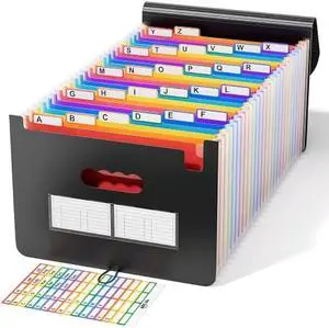 Expanding File Folders Organizer 26 Pockets/Expandable Accordian File Organizer Bag A4/Letter Size Plastic Folders with Colored Labels Tabs for Office/Home/Document/Paper Organizer
