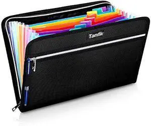Fireproof Safe Waterproof Accordion File Bag Folder Expanding Filing Folder with 14 Multicolored Pockets, A4 Letter Size, Document Organizer Holder and Color Labels /2 Zipper (Black 14.3 x 9.8)