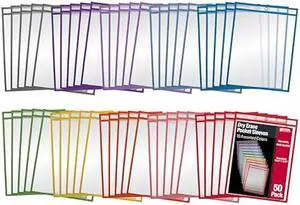Better Office Products Dry Erase Pocket Sleeves, 50 Count, Crystal Clear, Oversized, 10.25 x 13.75, Heavy Duty Dry Erase Pocket Sheet Protectors, Reusable Pockets with 10 Assorted Colors,50 Pack