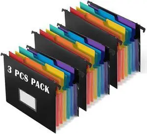 TRANBO 7-Pockets Hanging File Folder with Retractable Hooks for Filing Cabinet, Letter Size Expandable Accordion File Organizer with Elastic Band for File Frame or On-The-Go Use (3 Pack)