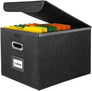 TORASO Portable File Organizer Box with Lids, Collapsible Linen Hanging Filing Storage Boxes with Plastic Slide, Decorative Home/Office Filling System for File and Folders Storage (Black-1).CA