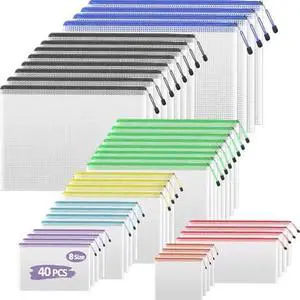 TKOOFN 40pcs Mesh Zipper Pouch Bags, 8 Size Zipper Bags for Organizing Storage, Waterproof Zipper Pouches, File Document Bags for School, Travel,Toys, Puzzle, Board Games and Office Supplies