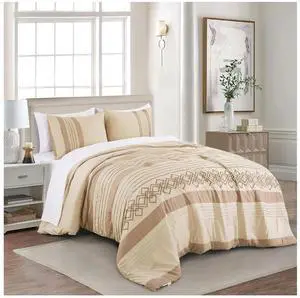 saney Liliana Queen Bed in a Bag 7-Pieces Taupe Geometric 3D Embroidery Pleated Stripe Comforter Set with Sheets All Season Bedding Set, Queen