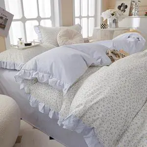 GpLuMy Denim Striped Duvet Cover King 100% Washed Cotton Vintage Denim Ruffle Duvet Cover 3 Pcs Set 1 White Romantic Lace Duvet Cover with Zipper Ties 2 Pillow Shams Shabby Chic Ruffled Bedding