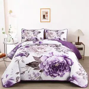 GpLuMy Country-Chic Printed Pre-Washed Set. Microfiber Fabric Floral Design. King Quilt + 2 Shams. Purple