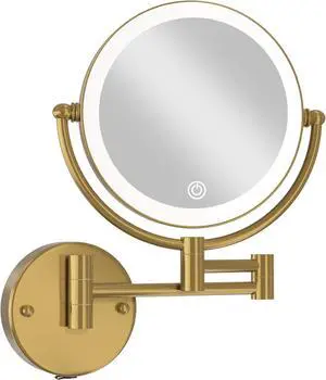 Wall Mounted Makeup Mirror Hardwired 10X, Cosmetic Mirror with Light and Magnification, 8 Inch LED Bathroom Vanity Double Sided Mirror 360° Swivel with Retractable and Folding Arm Brushed