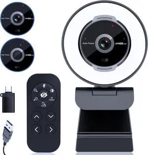 Webcam with Remote Control, 1080P 60FPS Streaming with Ring Light and Microphone, Pro USB Webcam